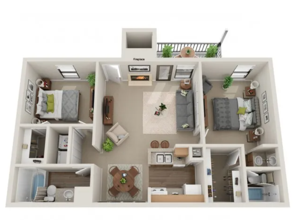 Floor plan for 2 beds, 2 baths, 864 sqft